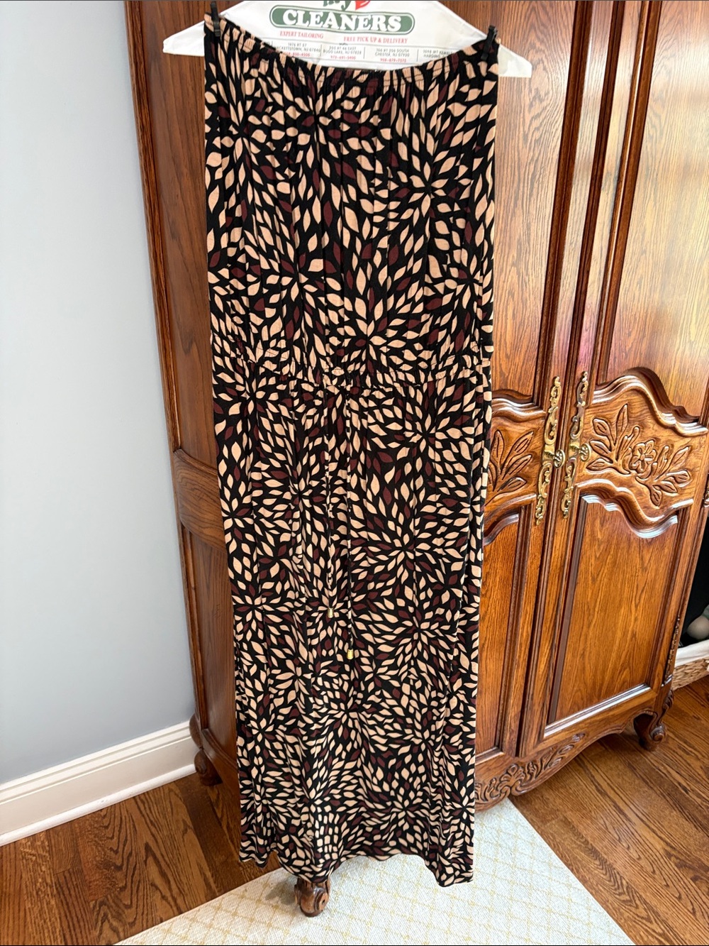 Strapless Black Dress with Beige Leaf Print - Women’s Elegant Summer Dress